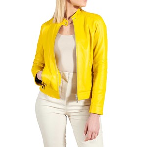 Nouvelle veste en cuir de mouton véritable de couleur jaune pour femmes, style court, veste de moto pour femmes - Product Image 3