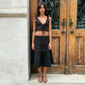 Jupe midi noire taille haute en dentelle pour femme, style vintage à volants superposés, collection été 2026, idéale pour les vacances en campagne - Product Image 4