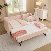 Cómodo diván de tela a cuadros con sofá cama individual extraíble, sin necesidad de somier, con puerto USB, tela de lino, rosa