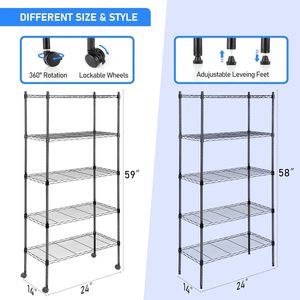 5-tier <b>adjustable</b> wire mesh storage rack, made of black carbon steel, with wheels, <b>adjustable</b> <b>shelf</b> height, lightweight storage - Product Image 5