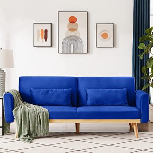 Canapé-lit futon moderne en velours, lit <span class=keywords><strong>d</strong></span>'appoint convertible rembourré avec coussin et cadre en bois, bleu - Product Image 4