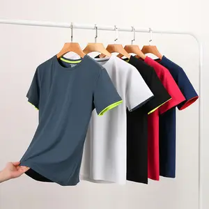 Camiseta deportiva de Fitness para hombre, Camiseta deportiva lisa con diseño de cuello redondo para gimnasio Elastan, camiseta con logotipo personalizado para hombre