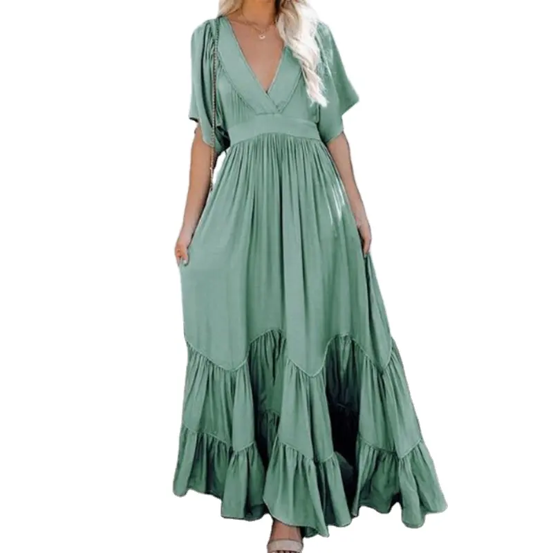 Wholesale Ladies Fashionable Summer Elegant Collect Wais Solid Color V-neck Long Dresses Women