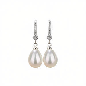 Orecchini pendenti classici con perle coltivate a goccia, placcati in oro bianco, argento 925, grado AAA, gioielli da sposa per donna - Product Image 1