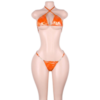 Bikinis deux pièces sexy en cuir effet mouillé avec détails métalliques ajourés, soutiens-gorge string, tenues pour club, Bottle Girl, adultes, festivals, raves et boîtes de nuit