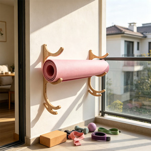 Wood Wall Mounted Yoga Mat Rack Corner Design Punch Free Storage Organizer For <b>Home</b> Gym Use - Product Image 3