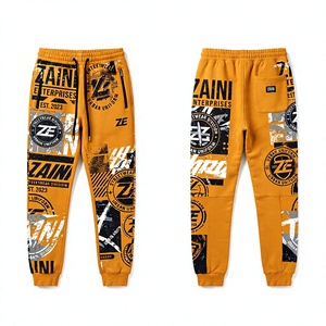 Pantalon de jogging pour homme, premium, 320 GSM, tissu sergé, écologique, séchage rapide, respirant, plissé à l'avant, fermeture à cordon, imprimé graphique moutarde - Product Image 1