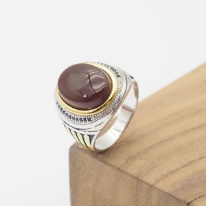 アラビアタイプ925シルバーラウンドレッドナチュラル瑪瑙メンズリングブラックCZ - Product Image 4