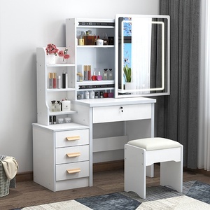 Modern Wooden <strong>Vanity</strong> <strong>Table</strong> With <strong>Mirror</strong> And Stool Space-Saving <strong>Dressing</strong> <strong>Table</strong> For Bedroom - Product Image 1