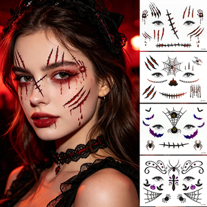 Autocollants de <span class=keywords><strong>tatouage</strong></span> temporaire pour le visage, thème Halloween effrayant et sexy, avec motifs de coupures sanglantes, toile d'araignée et crocs de vampire, en papier pour maquillage. - Product Image 2