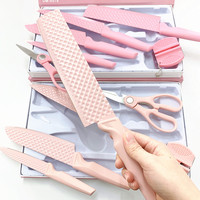 Ensemble cadeau de 6 couteaux en acier inoxydable de couleur rose, couteau à découper, couteau de cuisine, ciseaux de cuisine