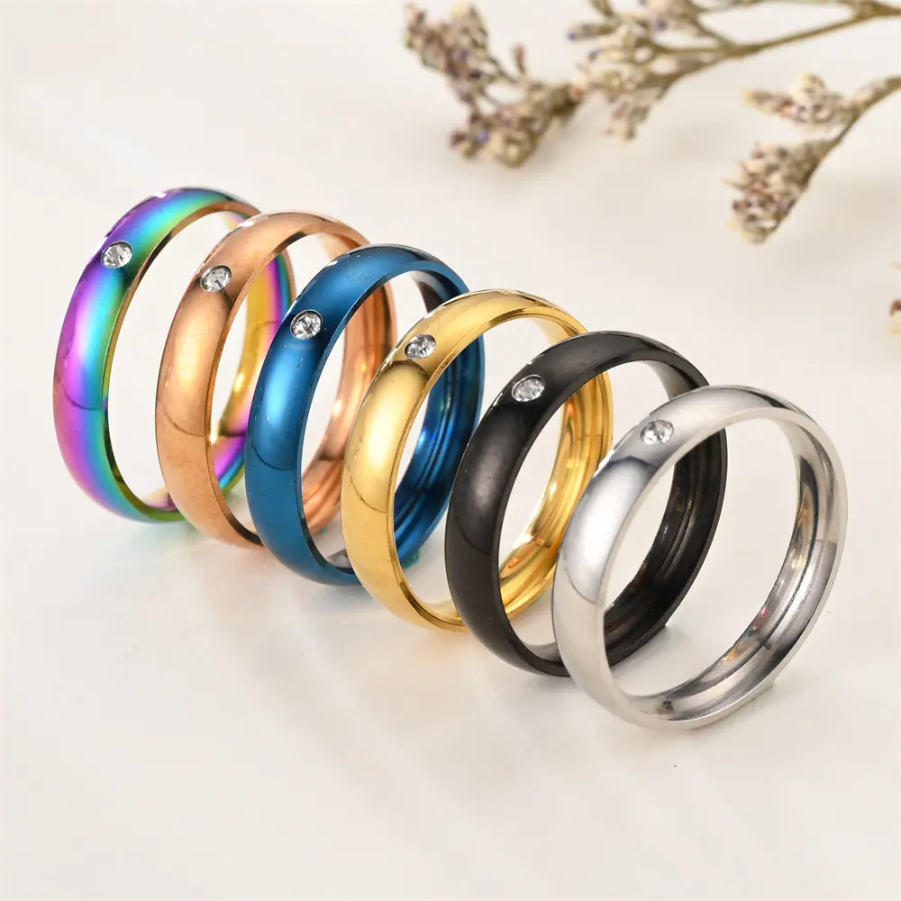 Anillos para mujeres 4MM conjunto de diamantes esférica brilhante gravável aço inoxidável anéis simples casal presente de casamento anéis