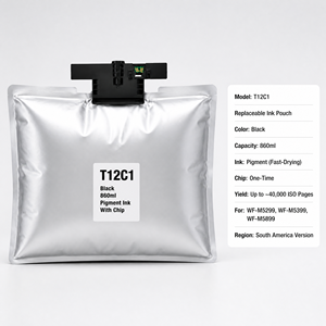 ถุงหมึก OCB T12C1 ใช้แทนของแท้ได้ ความจุ 860 มล. หมึกพิกเมนต์สีดำ ชิปเปลี่ยนได้ครั้งเดียว สำหรับ Epson WF-M5399 WF-M5899 - Product Image 4