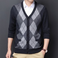 Cardigan en tricot jacquard à col en V pour homme, à boutons, manches longues, deux poches latérales, coupe classique, pour le travail, automne-hiver, pull chaud