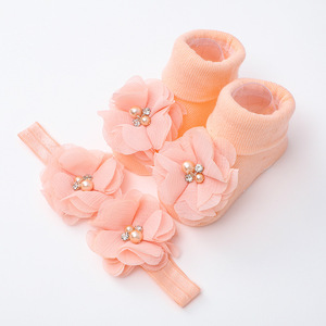 Handmade Pearl Flower <strong>Headband</strong> and Crew Sock Set for <strong>Babies</strong> Pure Color Breathable Knitting Cross-Border Design - Product Image 5