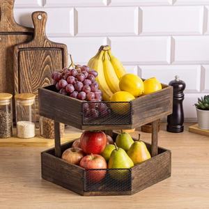 Wooden Double Layer Fruit <b>Vegetable</b> Drainer Storage Rack With <b>Stand</b> For Kitchen Desktop Use - Product Image 1