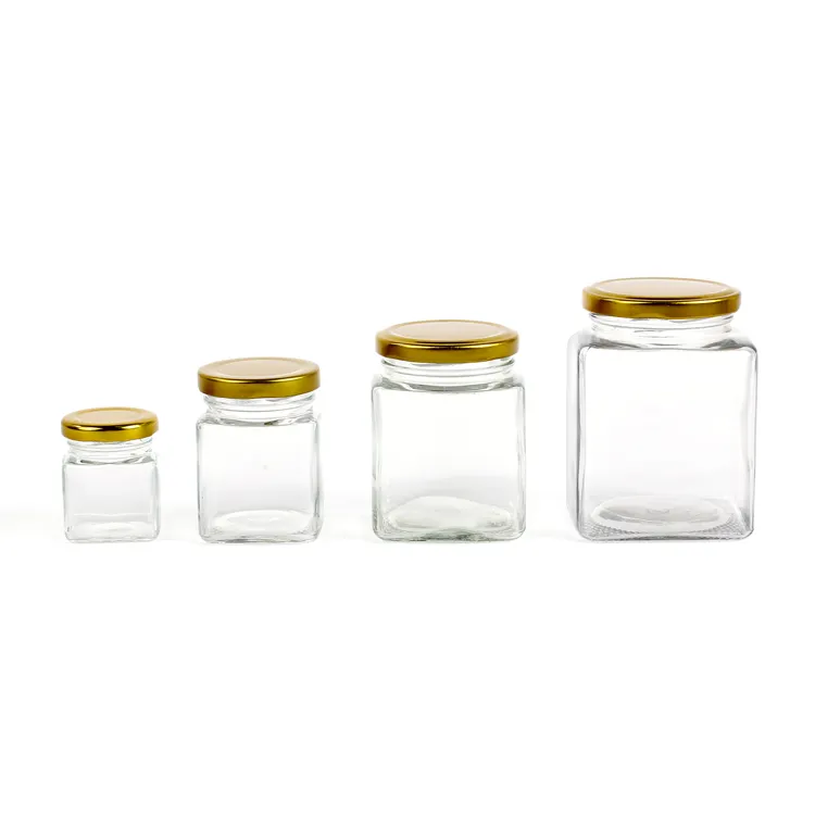 mini square clear empty 50 ml glass jars for honey bottle packing with metal cap
