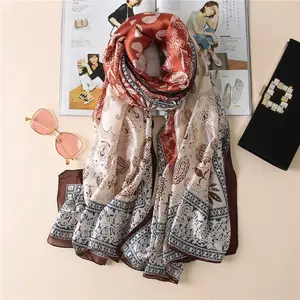 Ready to ship 2020 hot sale cherry blossom tree beach shawl bandeau scarves for women printed silk scarf