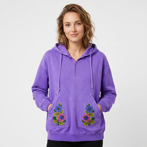 For Cotton Half Zip Hoodie with Floral Embroidery Pockets Unisex Oversized Casual Knitted Fleece Autumn Wear - Product Image 1