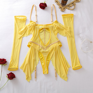 Ensemble de lingerie sexy pour <span class=keywords><strong>femme</strong></span>, corset à armatures <span class=keywords><strong>en</strong></span> satin et résille transparente, motif rose rouge, avec <span class=keywords><strong>porte</strong></span>-jarretelles, pour cosplay de princesse jaune - Product Image 3