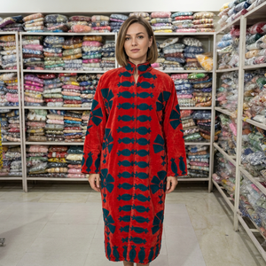 <b>Women</b> Red Velour <b>Robe</b> Long Sleeve Mandarin Collar Geometric Print Full Length Winter Cozy Zipper Fly Soft Machine Washable - Product Image 1