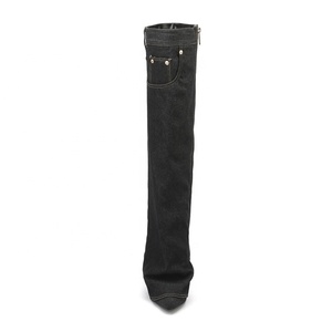 Women Denim Overlay Custom Styles Over Knee High Boots Ladies High Chunky Heels <b>Shoes</b> Folded Pointed Toe Jeans Long Booties - Product Image 6