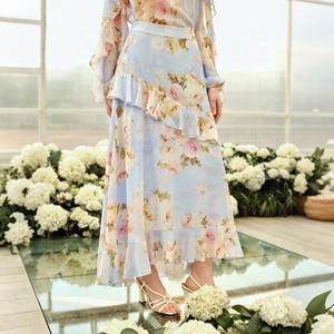 <span class=keywords><strong>Robe</strong></span> <span class=keywords><strong>longue</strong></span> maxi pour femme à col nœud papillon, motif floral tissé, manches longues à volants, superposition irrégulière de volants, décontractée, pour soirée et vacances, antistatique - Product Image 4