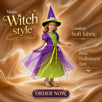 Costume de sorcière pour enfants, robe de sorcière violette et verte pour filles avec chapeau de sorcière, déguisement de fête de carnaval