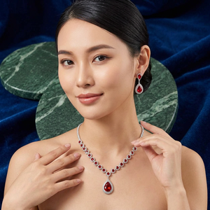 Rhodium Plated Brass Classic Wedding & Anniversary Jewelry Set Luxury <b>Ruby</b> Teardrop CZ Choker <b>Necklace</b> Earrings Set for Women - Product Image 2