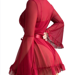 Set Pigiama in Pizzo e Rete Taglie Forti, Maniche a Campana, Lingerie Trasparente di Lusso per Donne - Product Image 5