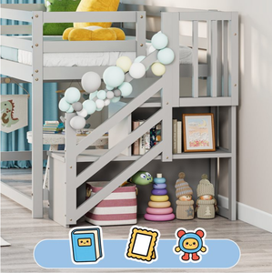 Cama Alta de Madera Maciza <span class=keywords><strong>con</strong></span> Escalera de Almacenamiento Doble, Barandillas de Seguridad, Barra para Colgar, Modelo de <span class=keywords><strong>Piso</strong></span> para Niños y Niñas, Color Gris - Product Image 4