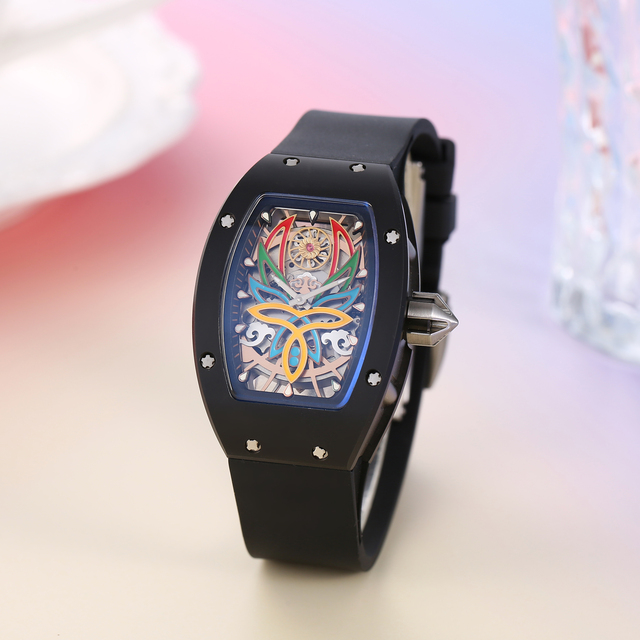New Release Luxury Black Ceramic Skeleton Watch Japan Mechanical Movement Pointer Dial FKM Rubber Strap 3ATM Waterproof Watch
