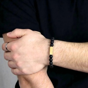 Black Frosted Stone <b>Beaded</b> <b>Bracelet</b> Set With Stainless Steel Bar Unisex Gift Jewelry - Product Image 2