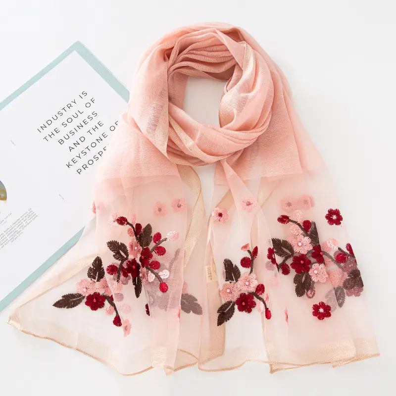 2024レースステッチ刺繍スカーフ女性用高級ピュアシルクスカーフとショール真珠で飾られたシルクウールミックススカーフ