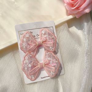Children's lace embroidered <b>bow</b> hair <b>clip</b>, Korean style, candy-colored duckbill <b>clip</b>, fabric side bangs <b>clip</b>. - Product Image 3