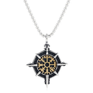 yunnique Viking Compass Pendant Stainless Steel With Gold Accents <b>Cross</b> Shape Necklace For <b>Men</b> Fashion Jewelry 3.0*60cm <b>Chain</b> - Product Image 5