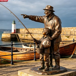 Statue YOUFINE personnalisée en bronze grand-père apprenant son petit-fils à pêcher, sculpture commémorative maritime pour jardin - Product Image 1
