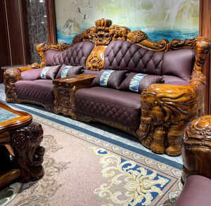 Ensemble de canapés Chesterfield traditionnels en bois massif avec revêtement en cuir capitonné et pieds sculptés en forme d'éléphant pour salon - Product Image 1