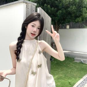 Camiseta sin mangas con cuello redondo y diseño de mariposa 3D para mujer, estilo francés, de gasa, color albaricoque, transpirable y dulce, ideal para el verano. - Product Image 1