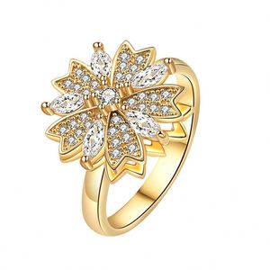 Anillo Ajustable de Cobre Chapado en Oro para Mujer, Diseño de Flor Brillante con Circonitas, Anillo Giratorio Antiestrés - Product Image 3