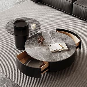 Italian Style Round Slab <b>Coffee</b> <b>Table</b> Modern Minimalist Black Living Room Tea <b>Table</b> With Storage Space - Product Image 3