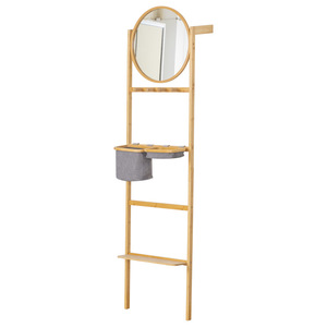 Étagère murale en bambou avec miroir rond, organiseur d'entrée tout-en-un avec paniers en tissu suspendus et <span class=keywords><strong>porte</strong></span>-<span class=keywords><strong>manteau</strong></span> pour salle de bain - Product Image 1
