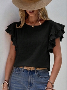 Camicia <span class=keywords><strong>a</strong></span> <span class=keywords><strong>maniche</strong></span> corte estiva Casual da donna <span class=keywords><strong>a</strong></span> girocollo europeo e americano 2025 camicia <span class=keywords><strong>a</strong></span> <span class=keywords><strong>pipistrello</strong></span> <span class=keywords><strong>con</strong></span> foglie di loto - Product Image 3
