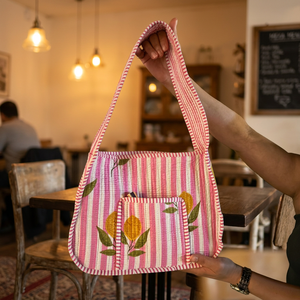 <b>Small</b> Hand Block Printed Quilted Cotton Shoulder Bag Floral Flap Bag With Long Handle 12x10 Inch - Product Image 3