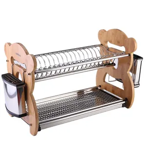 Escurridor de cocina de fácil limpieza, cuenco de bambú doble, estante de secado - Product Image 1