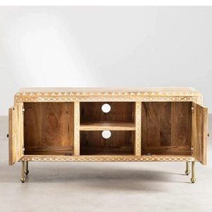 Meuble TV en bois de manguier, finition naturelle et blanche, avec structure en acier doux, console de divertissement rustique moderne, meuble de rangement - Product Image 6