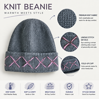 Bonnet en tricot unique avec broderie contrastante, bord côtelé, coupe-vent, en laine chaude pour les promenades en plein air et les courts séjours hivernaux