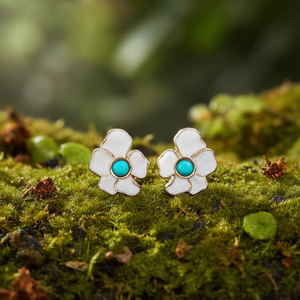 Fashion <b>Stud</b> <b>Earrings</b> 316L Stainless Steel PVD Gold Plating White Flower Design <b>Turquoise</b> Center - Product Image 3