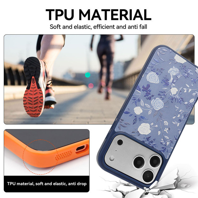 Compact Flexible Custom Pattern Phone Case With 3D Embossed for IPhone 17 16 Anti Wear UV Printed Floral TPU PU Hybrid Cover