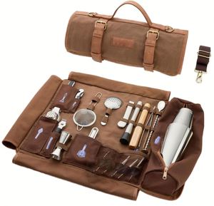 Luxury Waxed Canvas Travel Bar Tools <b>Bag</b> 17 Kit Bartending Mobile <b>Roller</b> <b>Bag</b> Strap - Product Image 1
